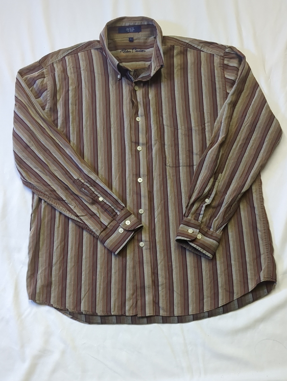 Alan Flusser Olive, Brown & Tan Striped Button-Down Shirt, Size L